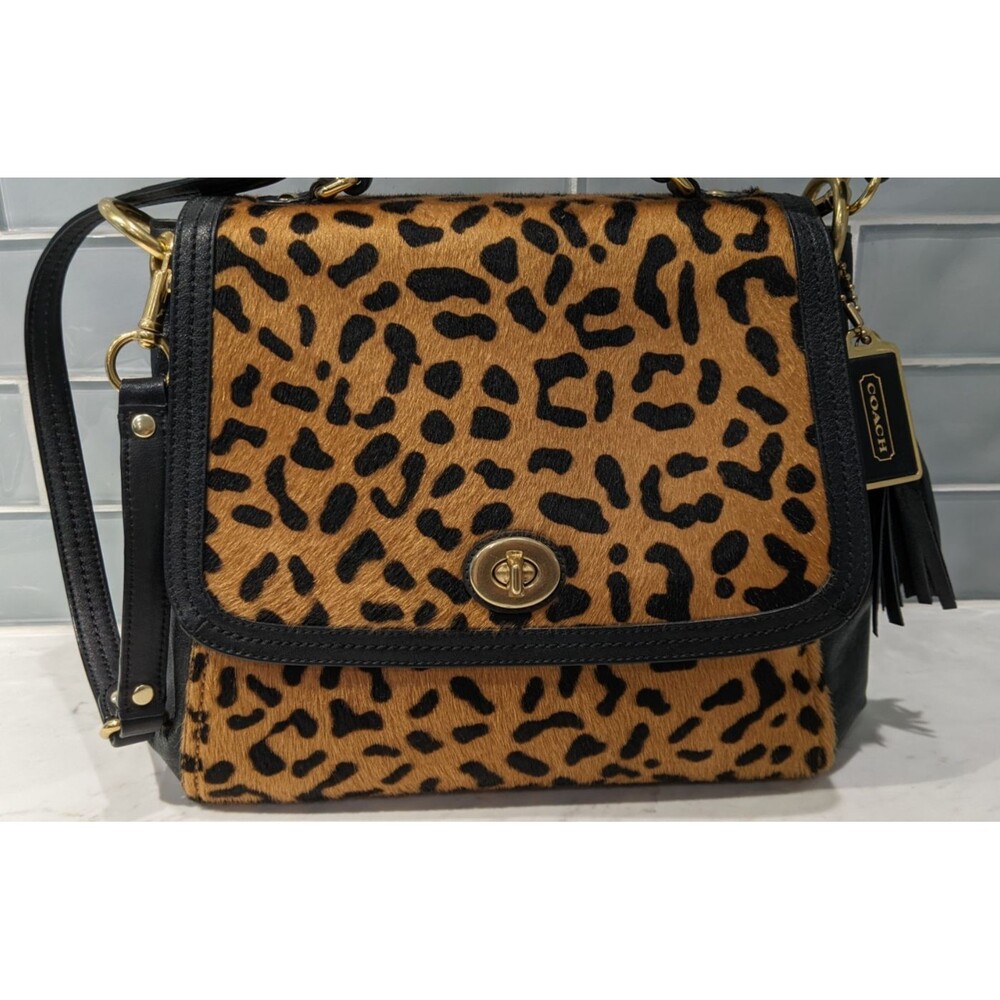 COACH Park Ocelot Haircalf Black Leather Turnlock Flap Satchel Bag - Picture 6 of 16